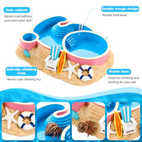 Gerrii Hermit Crab Water Bowl 2 Compartments Resin Hermit Crab Water Bathing Pool and Food Dish Seashell Reptile Climbing Habitat Platform for Turtles Lizard Frog Gecko Chameleons(Round)