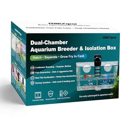 Dual-Chamber Aquarium Fish Breeder & Isolation Box, Transparent Hatching Incubator Tank with Suction Cups & Hook, Nursery for Livebearer Guppy Fry Breeding and Betta Fish, Shrimp Quarantine - size: Dual-Chamber (6.88*3.62*4.33 IN)