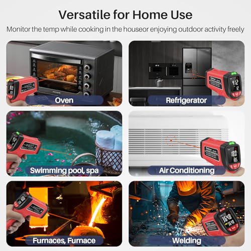 Infrared Thermometer Gun, Gedaye Laser Temperature with IR Pointer 13:1, Meat Temp Gun with Metal Probe, Adjustable Emissivity, -58℉ to 1076℉, Heat Thermometer for Cooking Pizza Oven Grill Fridge BBQ - color: Red