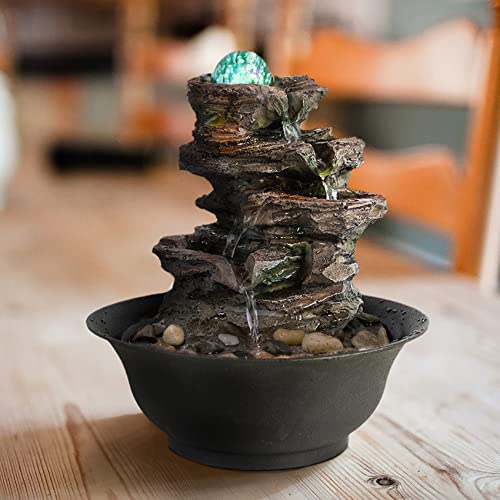 FerrisIsland Resin Desktop Rock Waterfall Fountain | LED Luminous Ball - color: Brown Gray