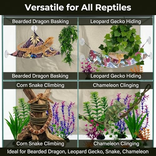 22PCS Bearded Dragon Tank Accessories Crawler Plant Climbing Kit with 2 Hammocks, 2 Flexible Vines, 20 Grape Leaves, Suction Cups & Artificial Plants – Lifelike Terrarium Decor for Gecko, Chameleon