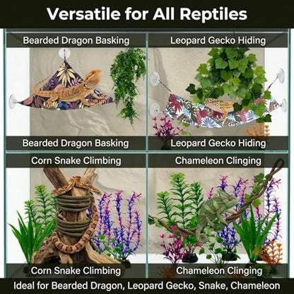 22PCS Bearded Dragon Tank Accessories Crawler Plant Climbing Kit with 2 Hammocks, 2 Flexible Vines, 20 Grape Leaves, Suction Cups & Artificial Plants – Lifelike Terrarium Decor for Gecko, Chameleon