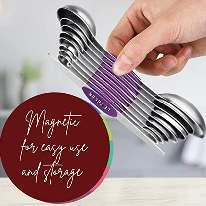 Magnetic Measuring Spoons Set of 9 Stainless Steel Dual-Sided Stackable Measuring Spoon Nesting Teaspoons Measuring Dry and Liquid Ingredients, Fits in Spice Jars Set of 9 (Purple) - color: Purple