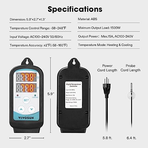 VIVOSUN 1500W Digital Temperature Controller, 2-Stage Outlet Thermostat Heating and Cooling Mode, Thermostat with Dual LED Display, for Homebrew Fermenter Greenhouse Terrarium, 110-240V 20A 1500W