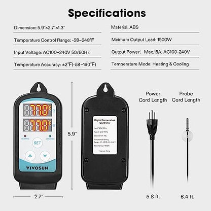 VIVOSUN 1500W Digital Temperature Controller, 2-Stage Outlet Thermostat Heating and Cooling Mode, Thermostat with Dual LED Display, for Homebrew Fermenter Greenhouse Terrarium, 110-240V 20A 1500W
