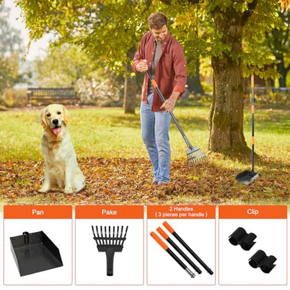 Pooper Scooper, Dog Pooper Scooper Tray and Rake Set with Adjustable Stainless Steel Long Handle for Large Medium Small Dogs - color: Orange