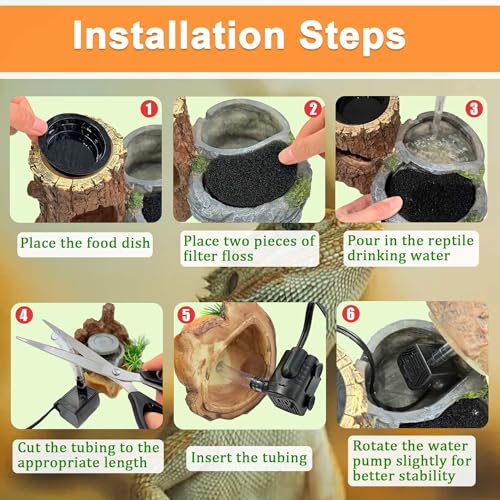 PurifyLogix 3in1 Reptile 550ML Waterfall Fountain with Food Dish & Hideout | Adjustable Flow Drinking Fountain for Bearded Dragon, Water Dispenser, Gecko, Lizard, Chameleon, Natural Resin