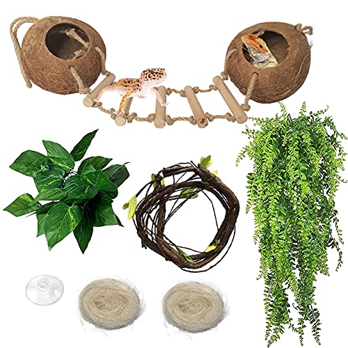 Gecko Coco Den Reptile Hideouts, Raw Coconut Husk Hut for Leopard Gecko, Sturdy Hanging Home, Climbing Porch, Hiding, Sleeping & Breeding Pad
