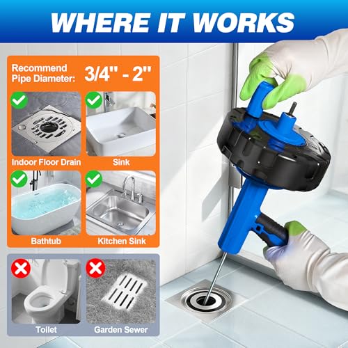 Drainsoon Auto Feed Drain Auger with Drill Adapter, 33 Feet Drain Snake Hair Clog Remover, Manual or Powered Plumbing Snake Drain Cleaner for Bathroom, Shower, Kitchen Sink, Comes with Gloves - color: Blue