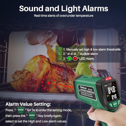 Infrared Thermometer for Cooking, Gedaye Surface Laser Temperature Gun with Laser Pointer 13:1, Metal Probe, Adjustable Emissivity, -58℉ to 1562℉, Thermal Thermometer Gun for Pizza Oven Engine HVAC - color: Green
