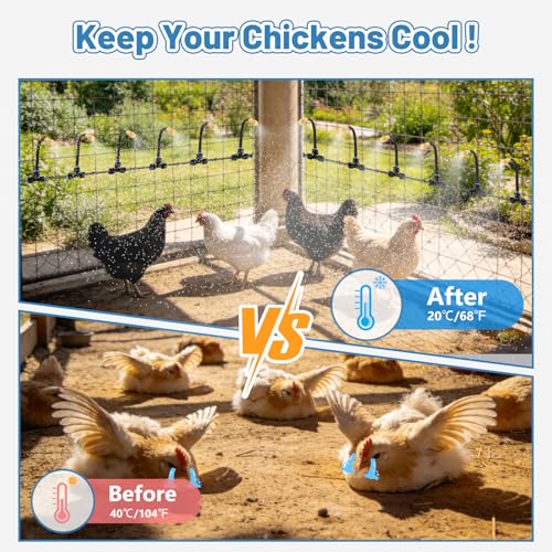 Kalolary 100FT Chicken Coop Misting Cooling System for Cooling Poultry | Pre-Assembled Kit with 25 Adjustable Brass Nozzles, Quick Connect Tubing Fittings for Summer Heat Garden Greenhouse Patio - color: 100FT Blue