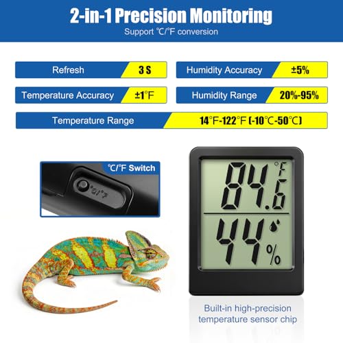 Reptile Thermometer Hygrometer LCD Digital Terrarium Thermometer and Humidity Gauge 2-in-1 Temperature and Humidity Monitor for Reptile Snake Tank Accessories Pet Rearing Box Bearded Dragon