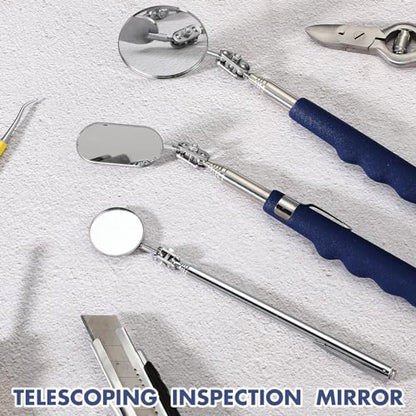 3 Pcs Telescoping Inspection Mirror,50/25/30 mm,Round,Oval,Round | Extendable Mechanic Stainless Steel Mirror with Long Handle Tool for Technicians Mechanics Contractors - size: 50/25/30 mm, style: Round,Oval,Round