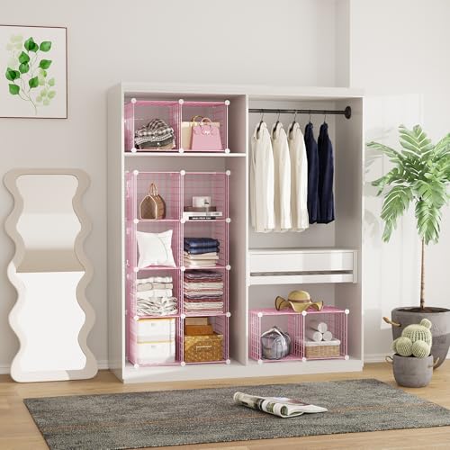 C&AHOME Wire Cube Storage, 12 - Cube Organizer Metal C Grids, Closet, Pink | Modular Shelves Units Storage Bins Shelving Bookshelf Shelf Cabinet - color: Pink