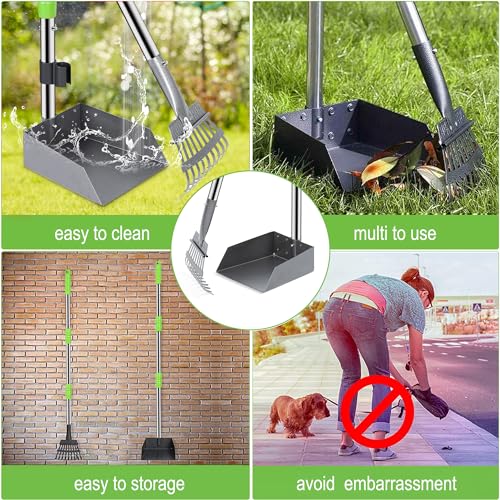 Pooper Scooper for Dogs, Metal Poop Scooper Tray and Rake Set with Adjustable Long Handle, Dog Pooper Scooper for Pet Waste Removal - color: Silver & Green