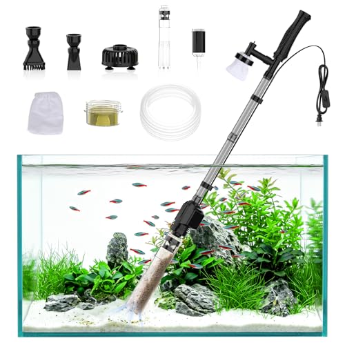 AQQA Aquarium Gravel Cleaner, 6-in-1 Electric Fish Tanks Gravel Vacuum | Anti-Clog Gravel Barrier, Sand Washer, Water Changer, Filter Bag, Adjustable Flow, 320GPH for 15+ Gallon Tanks
