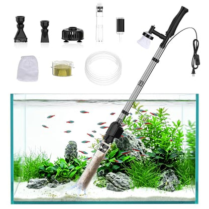 AQQA Aquarium Gravel Cleaner, 6-in-1 Electric Fish Tanks Gravel Vacuum | Anti-Clog Gravel Barrier, Sand Washer, Water Changer, Filter Bag, Adjustable Flow, 320GPH for 15+ Gallon Tanks