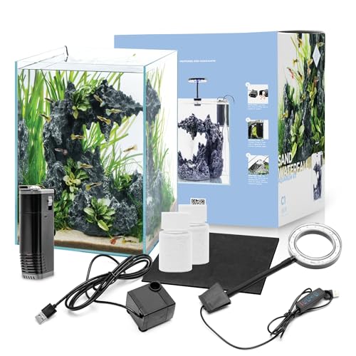 Sand Waterfall Tank Kit - Silent Operation Falling Sand Fish Tank w/LED Light and Self Cleaning Filtration - Desktop Rimless Starter Aquarium Kit, Just Add Plants - 9.51GAL | 36L (C1) - size: C1 (30CM)