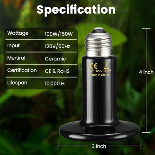 2-Pack 150W Ceramic Heat Emitter for Reptiles - No Light Night Time Heat Bulbs for Bearded Dragons, Geckos, Iguanas, Lizards, E26 Base