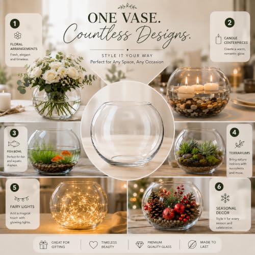 Glass Bubble Vase, 8" Height x 10" Width Glass Fish Bowl, Bubble Bowl for Terrarium, Flower Centerpiece - size: Bubble Bowl : 7.8" Height x 10" Width