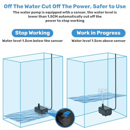 Mini Submersible Pump, Small Fountain Pump with & Sensor (DC 5V USB) for Fish Tank, Pet Fountains, Water feature, Tabletop Fountain, Pond, Hydroponics, Cat Drinking Fountain Replacement Pump