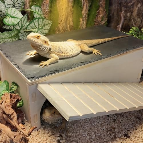 Large Bearded Dragon Basking Platform,Wooden Reptile Hide Cave with Slate Rock Climbing Ramp Tank Accessories for Leopard Geckos,Lizard,Snake,Tortoise - size: L:12.9×7.1×4.7"