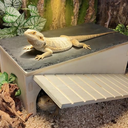 Large Bearded Dragon Basking Platform,Wooden Reptile Hide Cave with Slate Rock Climbing Ramp Tank Accessories for Leopard Geckos,Lizard,Snake,Tortoise - size: L:12.9×7.1×4.7"