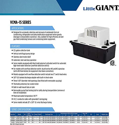 Little Giant VCMA-15ULST 115 Volt, 65 GPH, 1/50 HP Automatic Condensate Removal Pump for HVAC/Refrigeration Systems/Dehumidifiers with Overflow Detection Switch and 20-Foot Tubing, Black/White, 554415 - style: Includes Overflow Detection Switch/Tubing