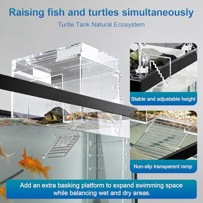 Adjustable Turtle Basking Platform, 7.8 x 5.5 x 5.5 Inch Above Tank Topper with Ramp for Small and Medium Aquatic Turtles, Transparent Acrylic Turtle Aquarium Dock Accessories