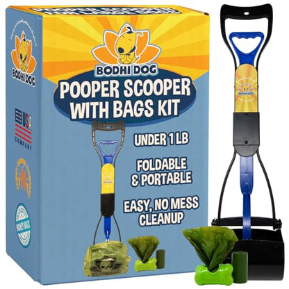 Bodhi Dog Complete Poo Pack- 24" Pooper Scooper, Poop Bags, & Waste Bag Holder, Ideal for Small to XL Pets - Durable, Easy-to-Use, Great for Grass, Gravel, & Outdoor Cleanups (Blue) - color: Blue
