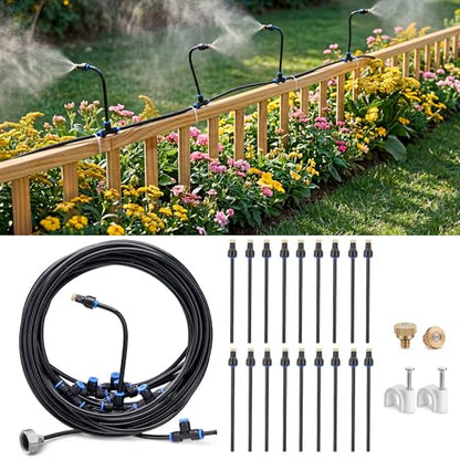 Adjustable Misting System, 360° Flexible Brass Nozzles, 65FT | Pre-assembled Mister Hose for Patio Cooling, Garden Irrigation, Greenhouse Watering, Pet Chicken Coop Cooling - size: 65FT / 20M