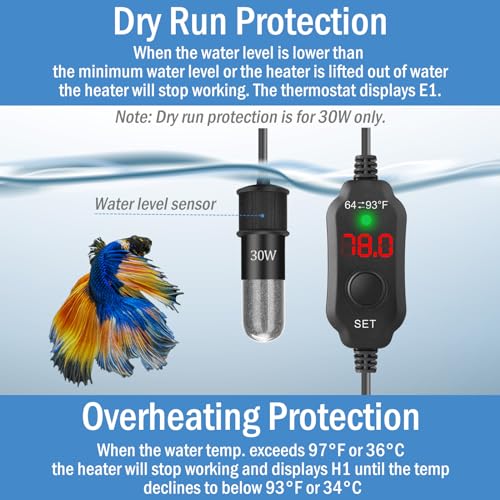 Super Mini Aquarium Heater 20W Betta Heater for 2-4 Gallon Tanks, Small Fish Tank Heater Turtle Heater with Dry-Run/Overheat Protection, Memory Function - size: For Tanks ≤ 4 Gal