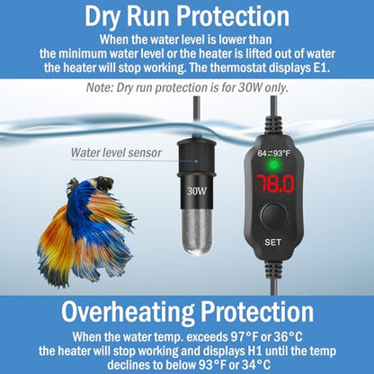 Super Mini Aquarium Heater 30W Betta Heater for 4-6 Gallon Tanks, Small Fish Tank Heater Turtle Heater with Dry-Run/Overheat Protection, Memory Function - size: For Tanks ≤ 6 Gal