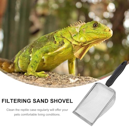 POPETPOP Stainless Steel Reptile Sand Shovel with Fine Mesh Sifter 10.62In Ergonomic Handle for Tortoise Lizard Snake Bedding and Terrarium Substrate Cleaning