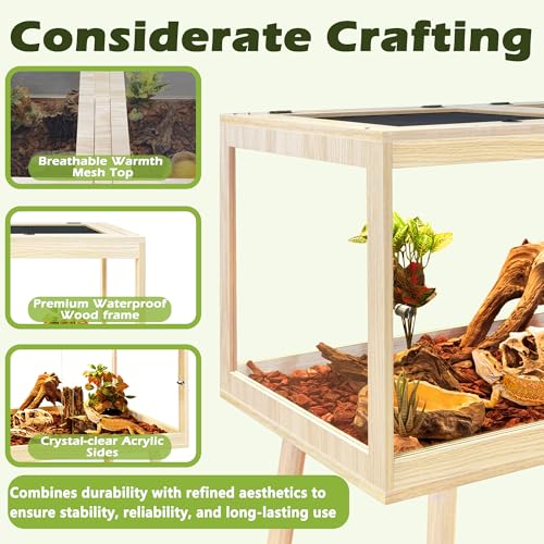 Bearded Dragon Tank with Leg Stand 62 Gallons, Wooden Lizard Tank,Reptile Tank with Metal Mesh Roof Door, Acrylic Panel Snake Tank with Lock Design (Oak, 40"x20"x20") - color: Oak, size: 40"x20"x20"
