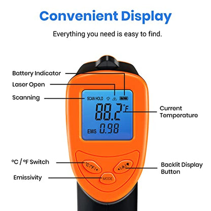 Etekcity Infrared Thermometer Laser Temperature Gun, -58°F~1130°F, Orange | Cooking, Pizza Oven, BBQ, Meat, Kitchen, Reptile, HVAC, Adjustable Emissivity, MAX Display, High Temperature - color: Blaze Orange, style: Advanced