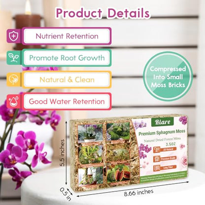 Riare 3.5oz Premium Sphagnum Moss for Plants- Natural Long Fiber Plant Moss | High Expansion, Moisture Retention & Drainage, Dried Orchid Moss for Succulent, Carnivorous, Ferns, Reptiles & Terrariums - size: 4QT/3.5oz