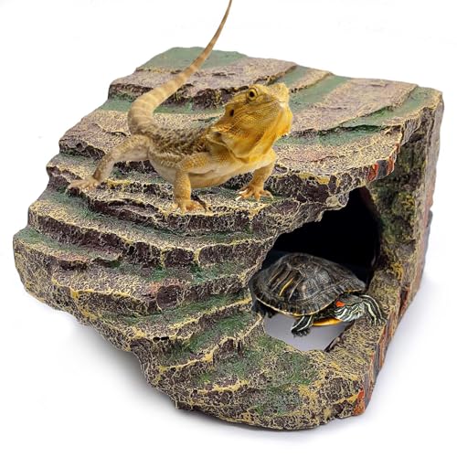 kathson Small Turtles Basking Platform,Resin Reptile Hideouts Cave Habitat Decor,Tortoise Hide Cave with Climbing Ramp Step,Bearded Dragons Hide Basking Rocks Accessories for Lizard,Gecko,Frog