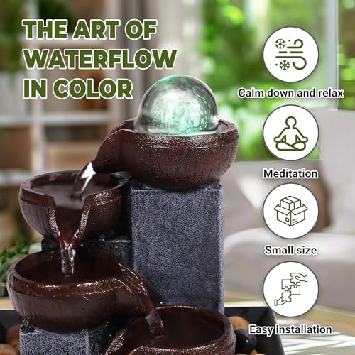 Tabletop Water Fountain-Indoor Waterfall-Desktop Fountain-Spinning Crystal Ball Lighting LED Colors from-Waterfall-Indoor Water Fountains with Natural River Rocks for Feng Shui Effect