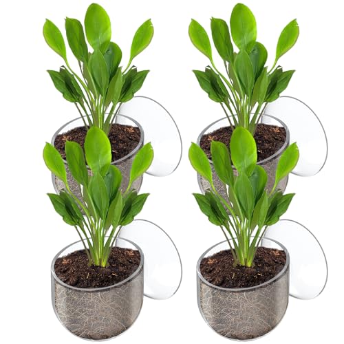 Pawfly Aquarium Plant Holder with Suction Cup, Clear Plastic Fish Tank Planting Holder, Fish Tank Plant Pot for Aquascape Decoration, Aquarium Planter Cup, 4 Pcs. - size: 4 Pack