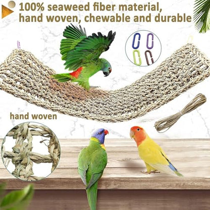 Bird Seagrass Mat 16 × 7" Parrot Natural Grass Woven Net Hammock Parakeet Climbing Rope Ladder Mat Chew Toys Cage Accessories for Pigeon Cockatiel Conure Budgie Cockatoo Rat Hamster - size: 16" × 7"