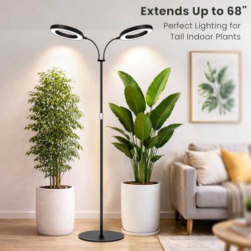 LBW Dual Head Grow Light with Stand for Indoor Plants, Full Spectrum Grow Light for Tall Plants, Adjustable Height up to 68", Auto Cycle Timer 6/8/12/16H, 5-Level Dimmable, 3 Lighting Modes, Black - size: 2 Head 6.3" Black