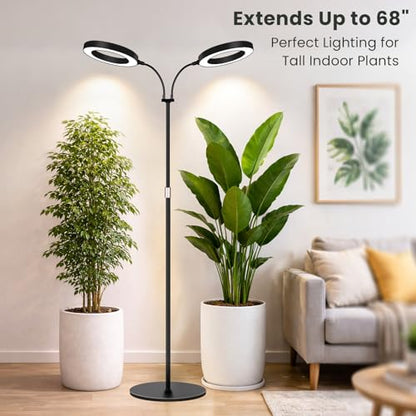 LBW Dual Head Grow Light with Stand for Indoor Plants, Full Spectrum Grow Light for Tall Plants, Adjustable Height up to 68", Auto Cycle Timer 6/8/12/16H, 5-Level Dimmable, 3 Lighting Modes, Black - size: 2 Head 6.3" Black