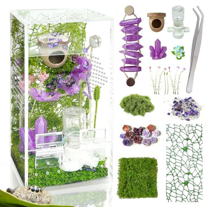 Jumping Spider Enclosure,DIY Insects Habitat,Small Reptile Terrarium Glass House Accessories Set,with Jumping Bridge Hide Water Feeder (Purple) - color: Purple