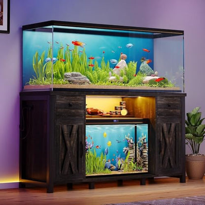55-75 Gallon Fish Tank Stand, Aquarium Stand with Storage, Dark Oak | 52 x 20 In Top, Farmhouse Turtle Tank Stand, 2 Drawers & 2 Barn Doors, LED Light, Power Outlets, Shelf Storage, Heavy Duty - color: Dark Oak