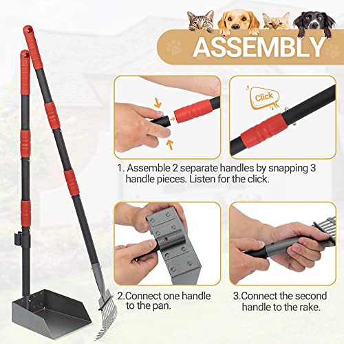 Dog Pooper Scooper, Dog Poop Tray and Rake Set with Long Stainless Handles | Pet Waste Removal Scoop with Adjustable Sectional Handles - color: Black/Red