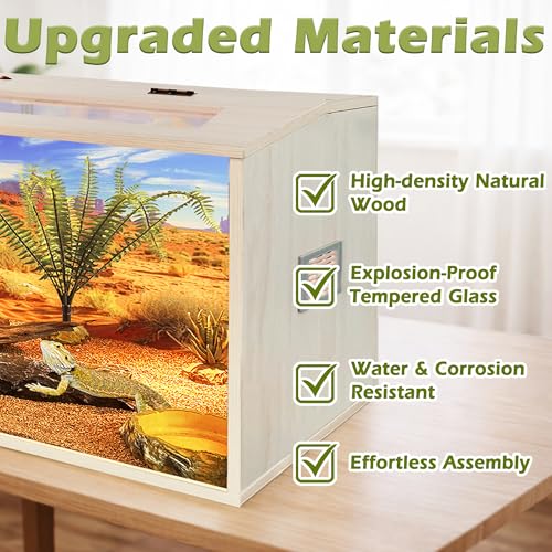 Bearded Dragon Tank, 81 Gallons Wooden Reptile Enclosure, Tempered Glass Lizard Tank, Large Bearded Dragon Enclosure with Built-in Lamp Fixture for Lizard - color: Oak, size: 81 gallons