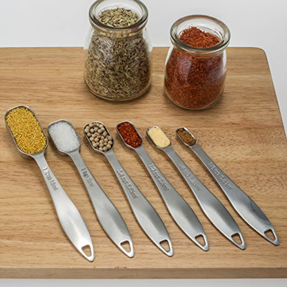 6-Piece 18/8 Stainless Steel Measuring Spoons Set, Silver | Six Engraved US and Metric Sizes From 1/8 TSP to 1 Tbsp Fit Narrow Spice Jars and Stay Together On an O-shaped Ring - color: Silver, size: 6 Piece