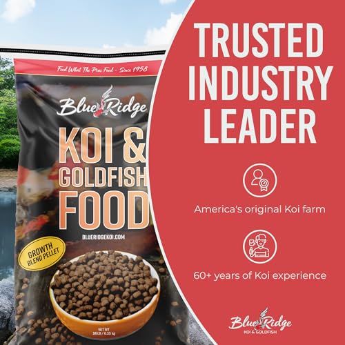 Blue Ridge Koi Fish Food 25lb - Koi Food 3/16” Large and Mini Blend Growth Formula, Goldfish Food, Premium Fish Food for Ponds, Ponds Fish Food, Floating Pond Pellets - size: 25 Pound (Pack of 1)