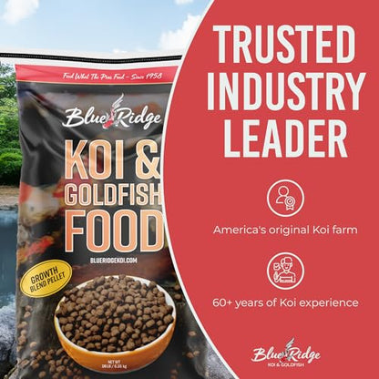 Blue Ridge Koi Fish Food 25lb - Koi Food 3/16” Large and Mini Blend Growth Formula, Goldfish Food, Premium Fish Food for Ponds, Ponds Fish Food, Floating Pond Pellets - size: 25 Pound (Pack of 1)